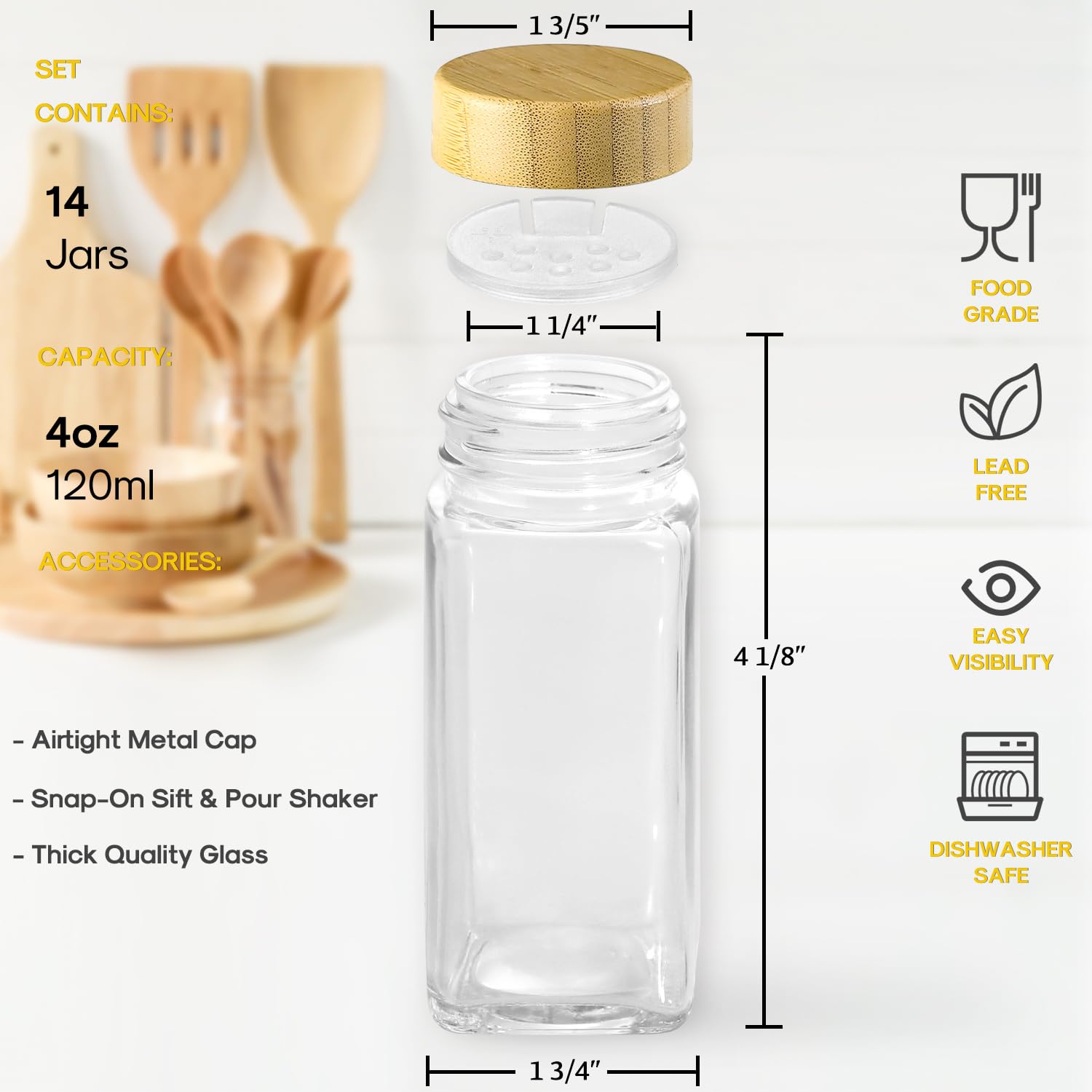 Foto 4 pulgar | Jarros Para Especias Aozita  14 Unidades  Vidrio Cuadrado Con Tapas De Bambú  120 Ml - Venta Internacional.