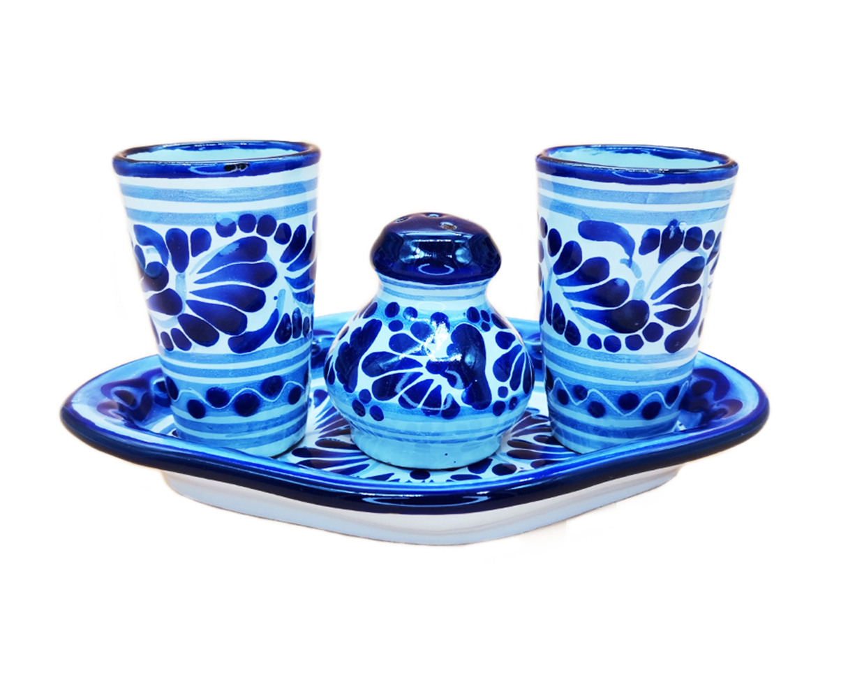 Juego de Tequileros de Talavera Los Ángeles 4 pz color Azul