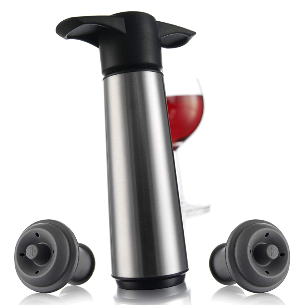 Bomba Y 2 Tapones Preservadores De Vino De Acero Vacuvin