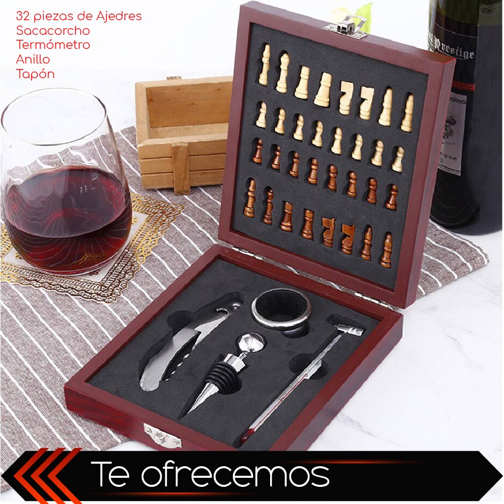 Foto 5 pulgar | Set De Vino Juego De 4 Pz Accesorios Para Vino Con Ajedrez En Caja De Madera