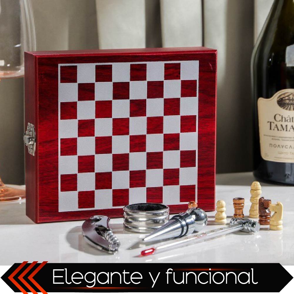 Foto 8 pulgar | Set De Vino Juego De 4 Pz Accesorios Para Vino Con Ajedrez En Caja De Madera