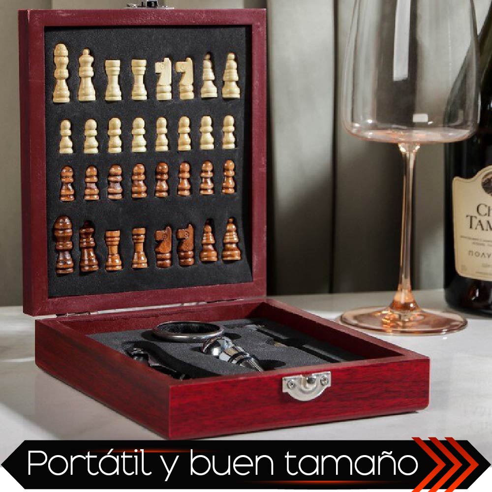 Foto 9 pulgar | Set De Vino Juego De 4 Pz Accesorios Para Vino Con Ajedrez En Caja De Madera