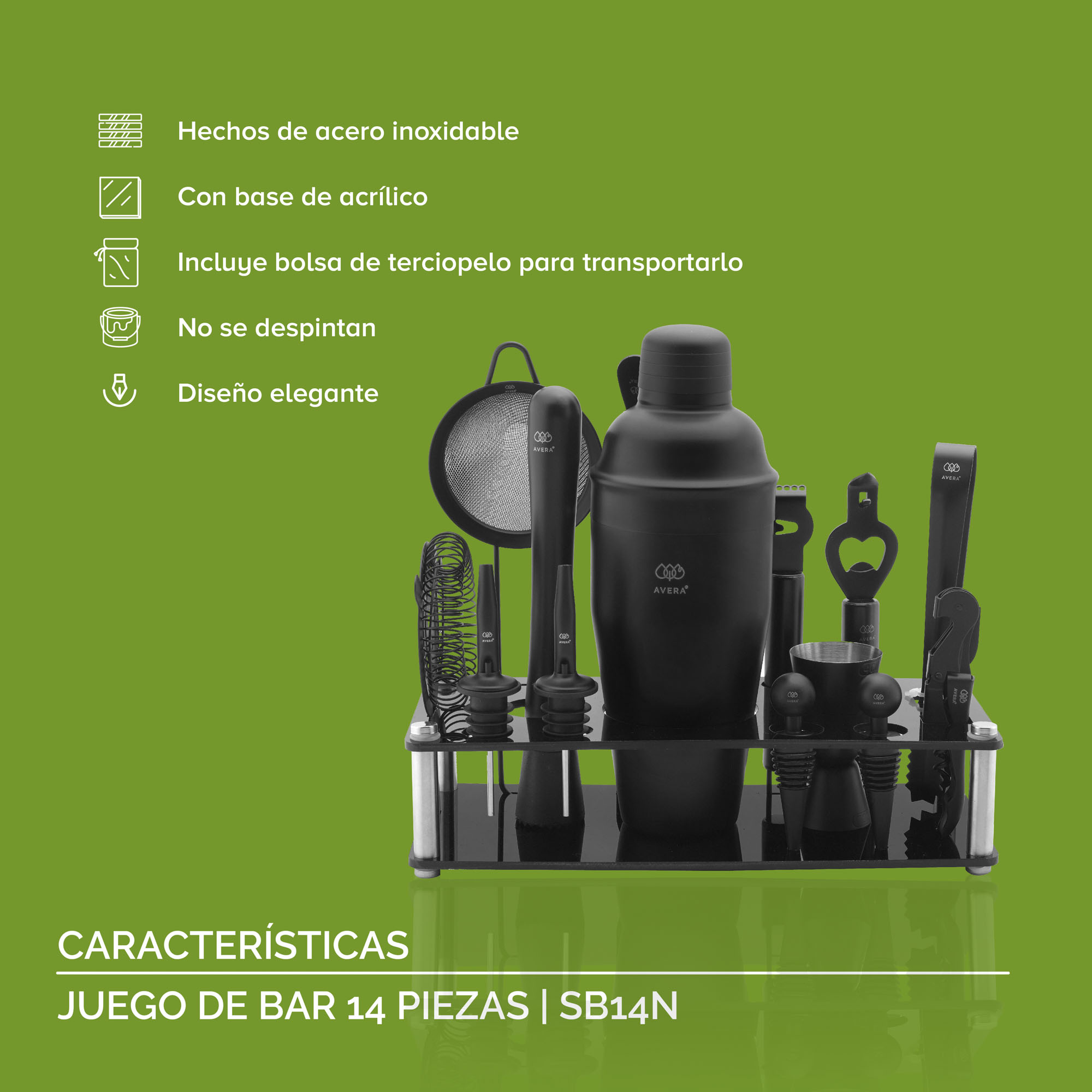 Foto 5 | Kit De Bartender Coctelería Profesional 14 Piezas Avera Sb14n - Color Negro