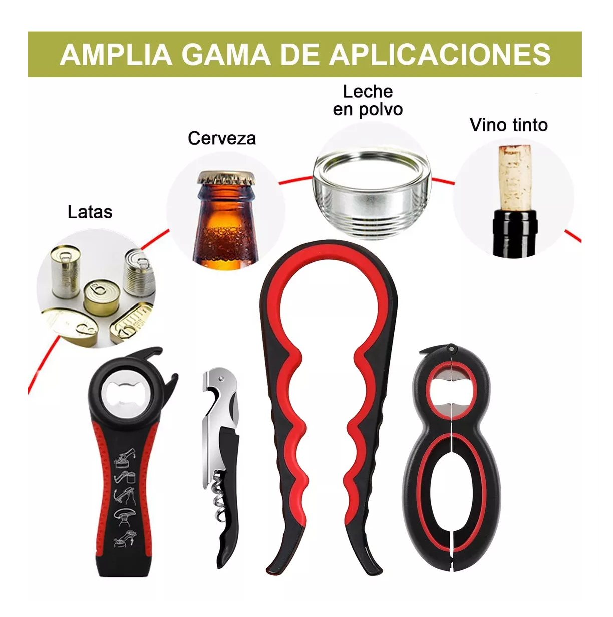 Foto 5 pulgar | Destapador Abre Fácil Botellas Frascos Latas Cocina 4 Piezas Negro/rojo