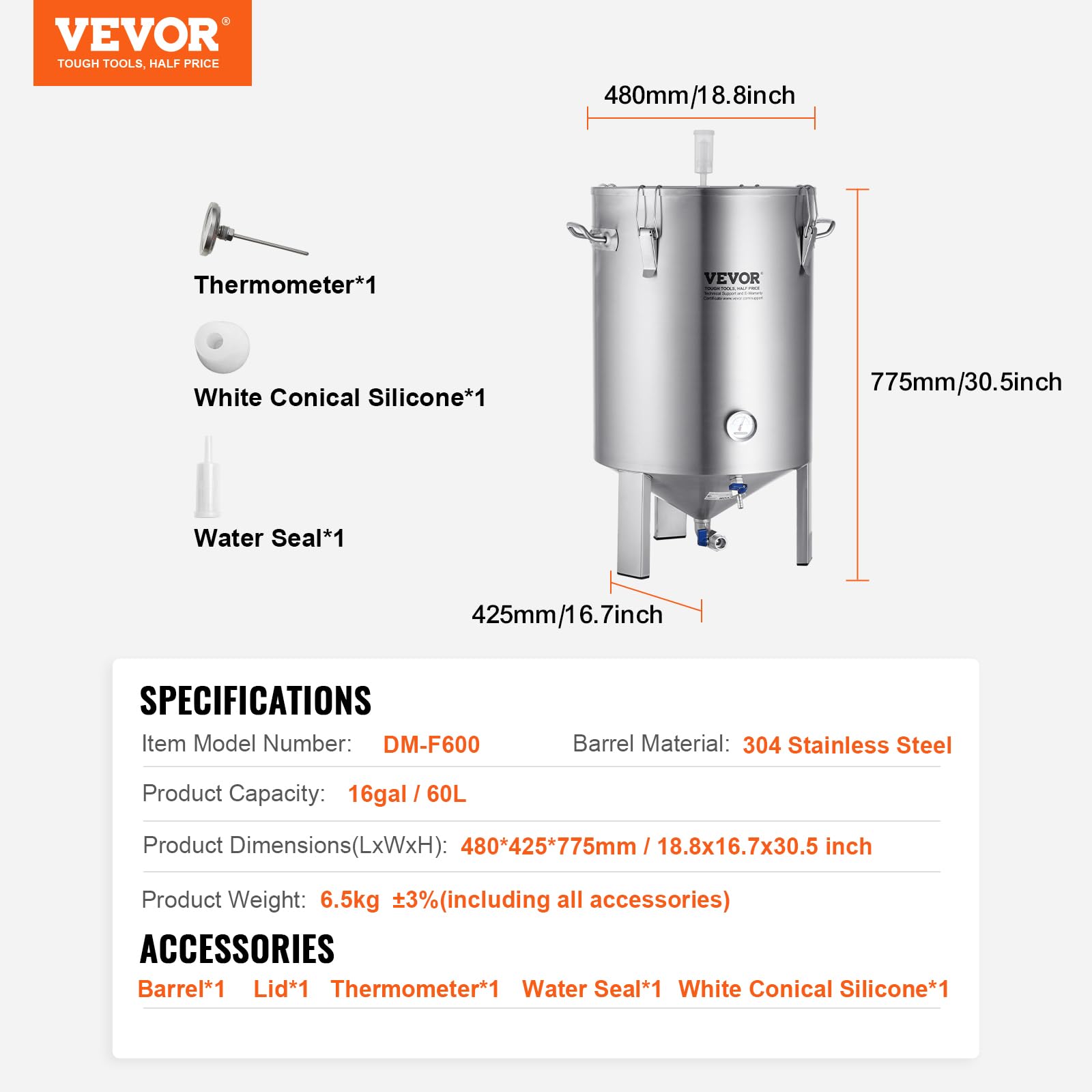 Foto 7 | Tanque De Fermentación Vevor 60l, Fermentador De Cerveza De Acero Inoxidable - Venta Internacional.