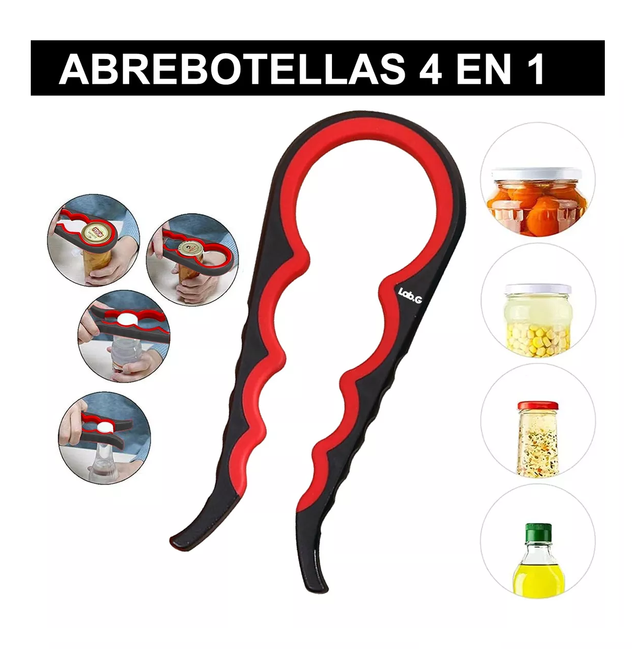 Foto 3 pulgar | Destapador Abre Fácil Lab.g Botellas Frascos Latas Cocina 4 Piezas Negro/rojo