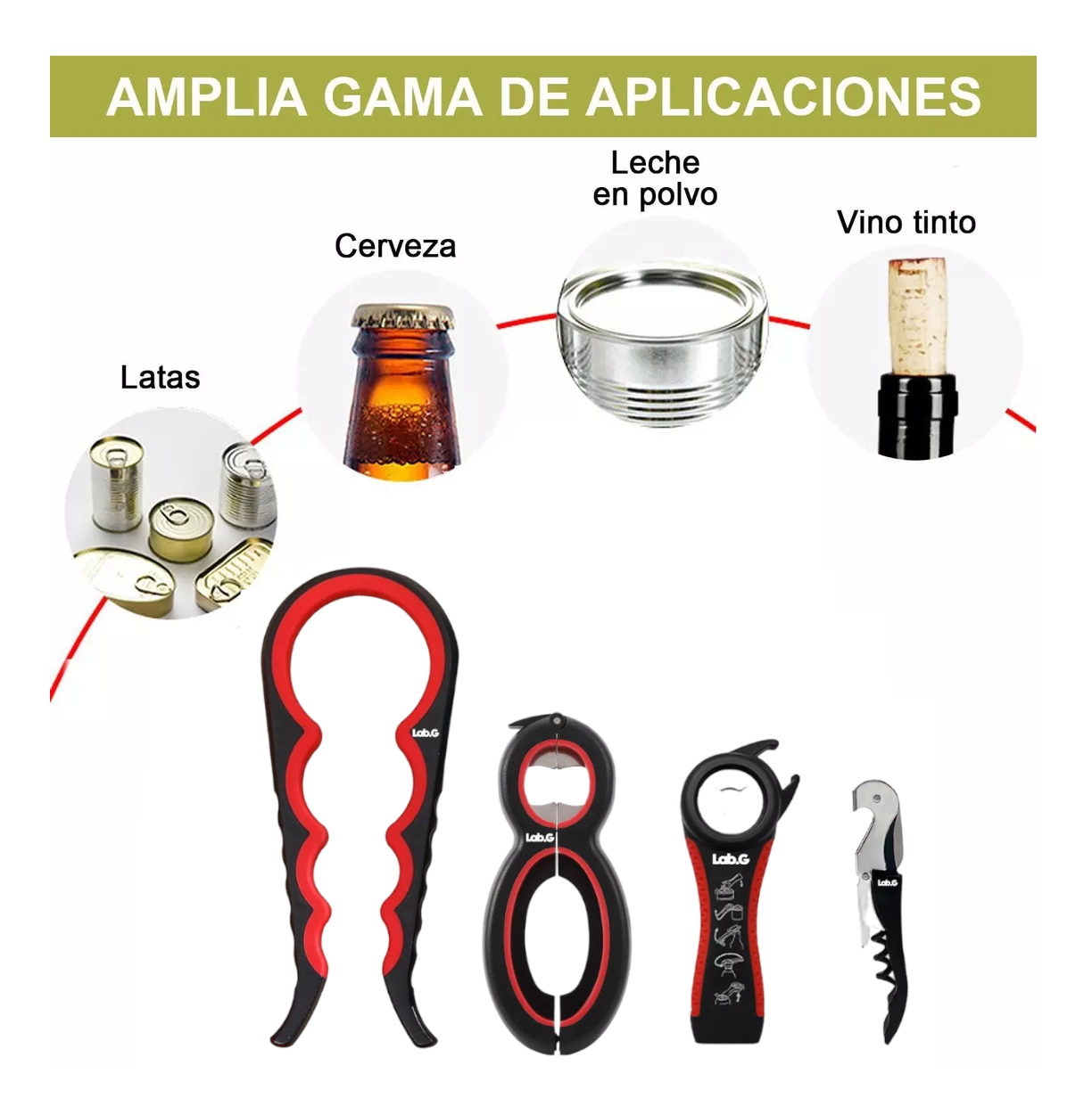 Foto 5 pulgar | Destapador Abre Fácil Lab.g Botellas Frascos Latas Cocina 4 Piezas Negro/rojo