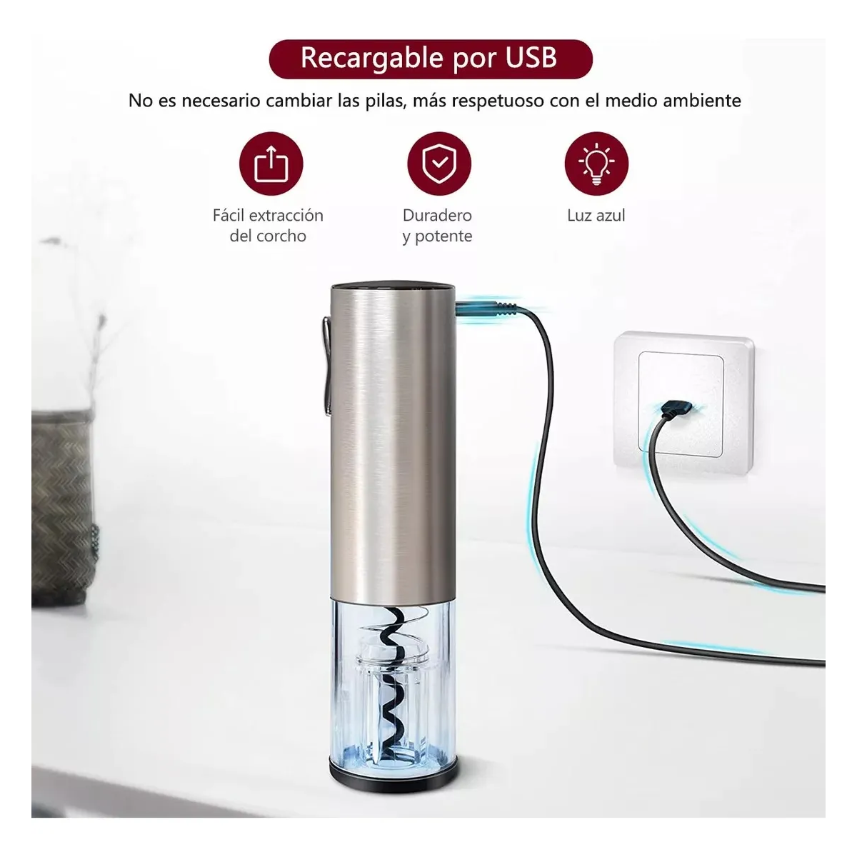 Foto 3 pulgar | Sacacorchos De Vino Eléctrico Recargable Usb 4 En 1 Acero Lab.g Plata