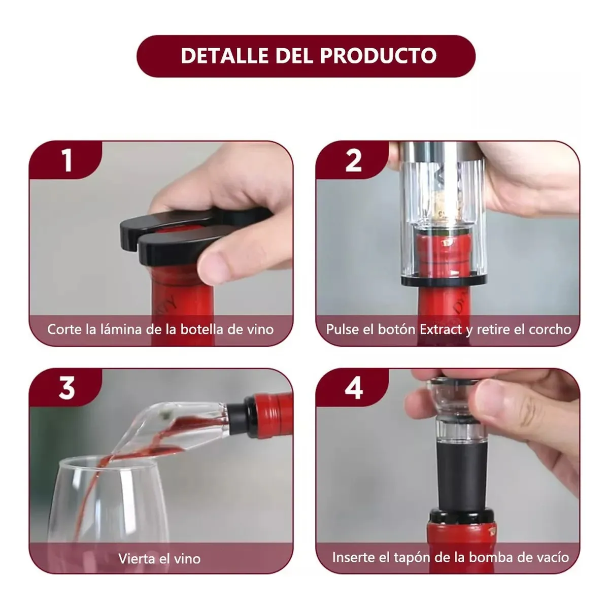 Foto 4 pulgar | Sacacorchos De Vino Eléctrico Recargable Usb 4 En 1 Acero Lab.g Plata