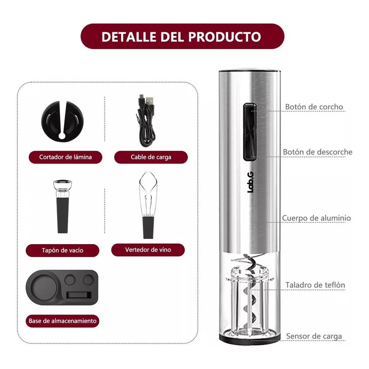 Foto 6 pulgar | Sacacorchos De Vino Eléctrico Recargable Usb 4 En 1 Acero Lab.g Plata