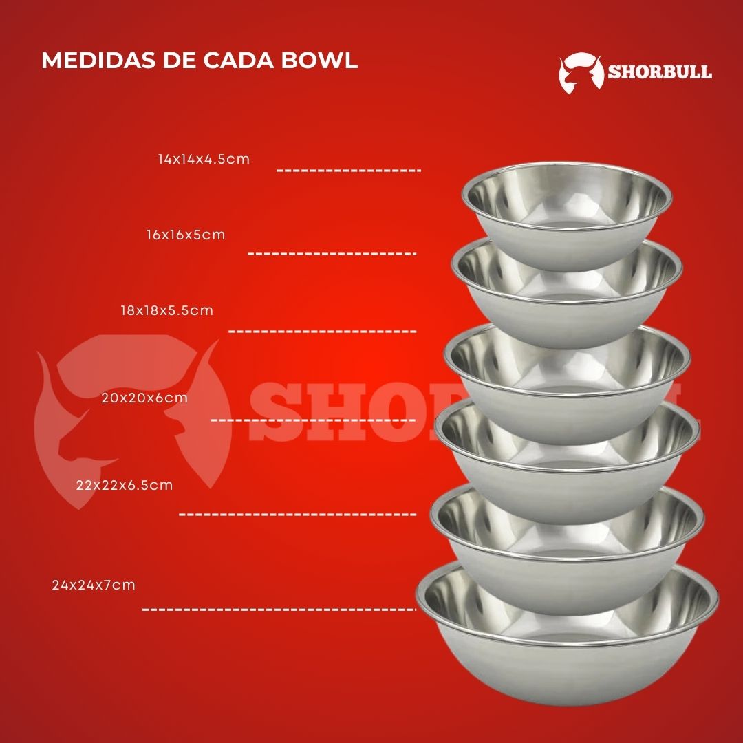 Foto 6 pulgar | Kit 6 Bowls Shorbull 14 16 18 20 22 24 Acero Inoxidable