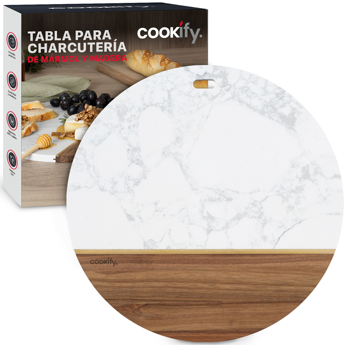 Foto 1 | Tabla Redonda de Madera y Mármol Cookify para Quesos Carnes Frías Aperitivos o Panes