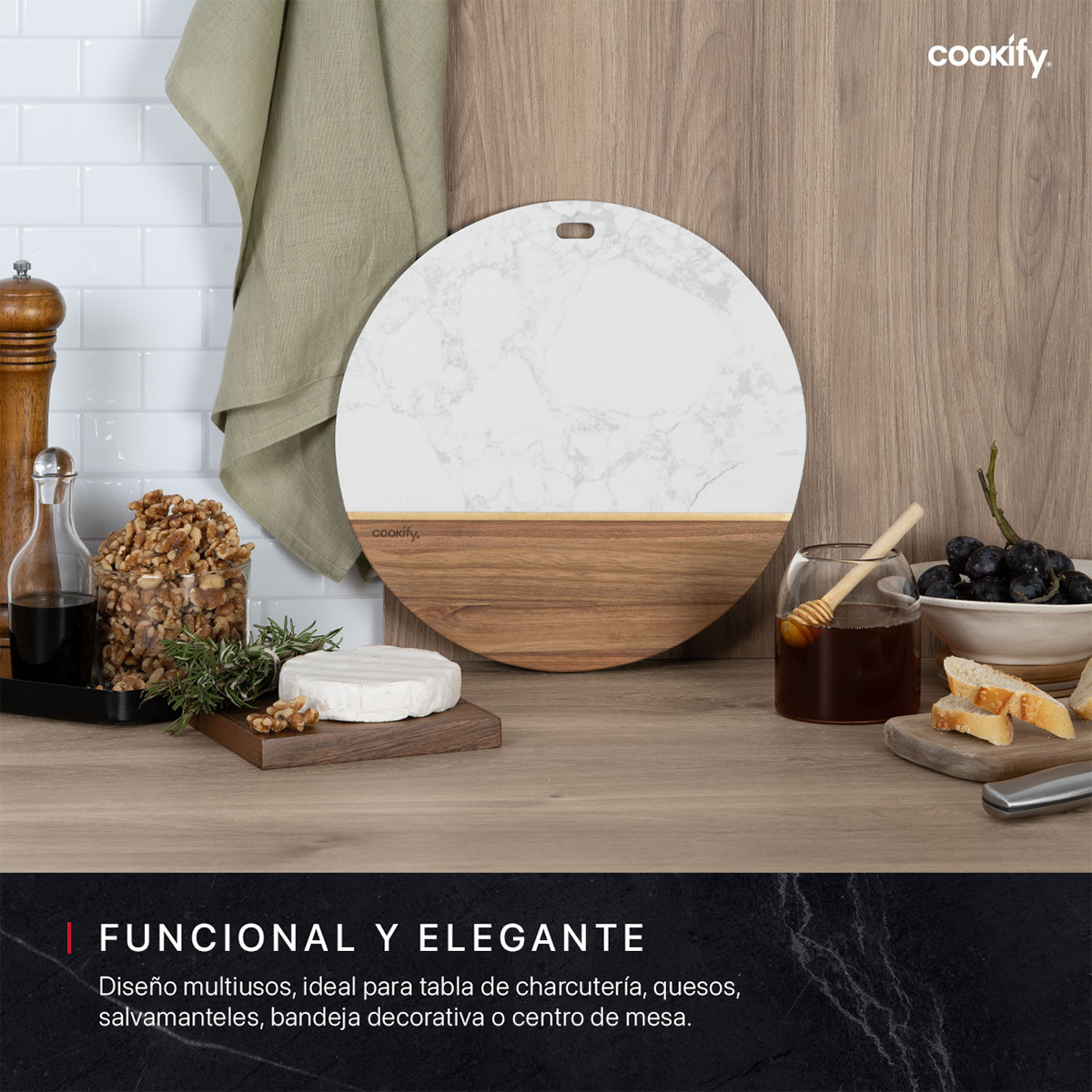 Foto 2 | Tabla Redonda de Madera y Mármol Cookify para Quesos Carnes Frías Aperitivos o Panes