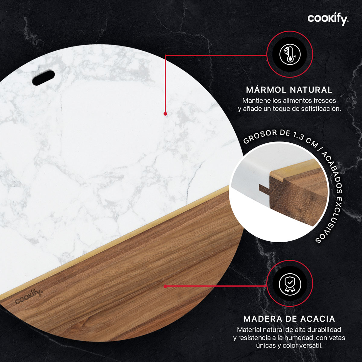 Foto 5 pulgar | Tabla Redonda de Madera y Mármol Cookify para Quesos Carnes Frías Aperitivos o Panes