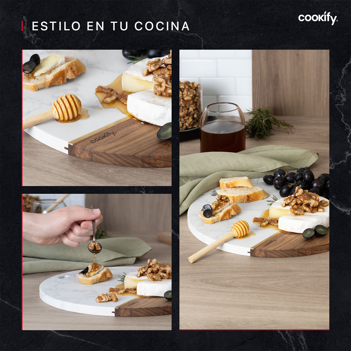 Foto 7 pulgar | Tabla Redonda de Madera y Mármol Cookify para Quesos Carnes Frías Aperitivos o Panes