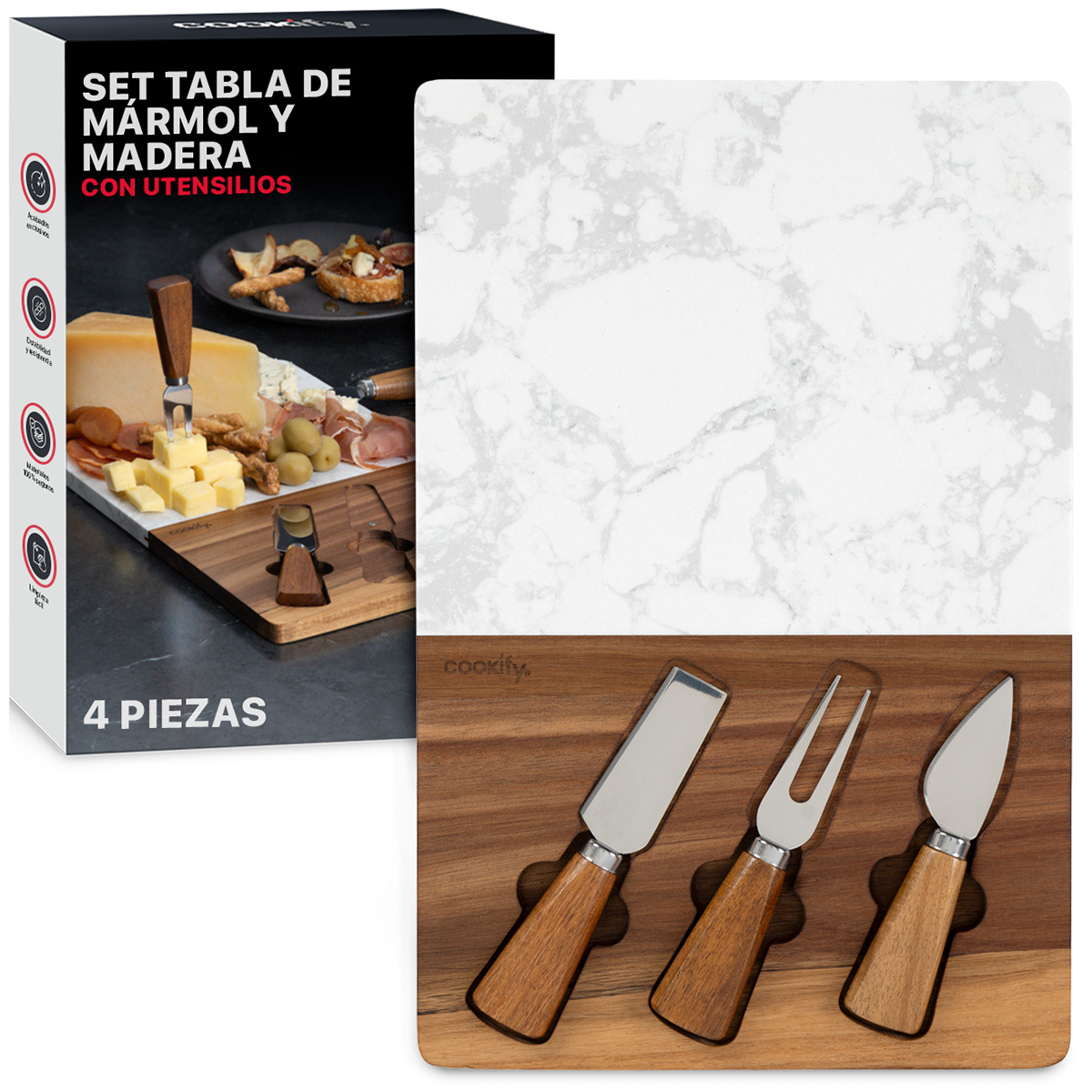 Foto 2 pulgar | Set Tabla de Madera y Mármol Cookify con Cuchiilos para Quesos Carnes Frías, Aperitivos o Panes