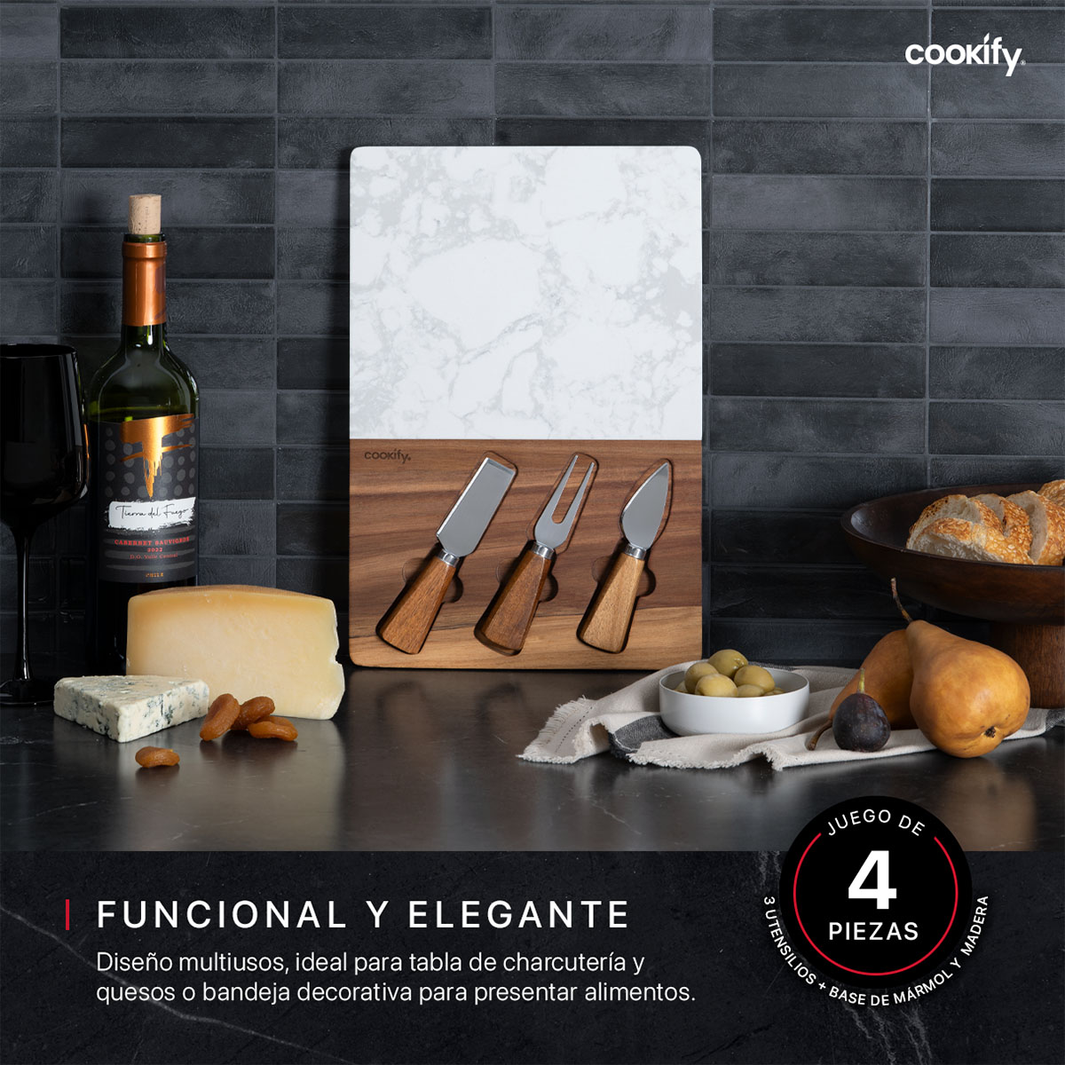 Foto 3 pulgar | Set Tabla de Madera y Mármol Cookify con Cuchiilos para Quesos Carnes Frías, Aperitivos o Panes