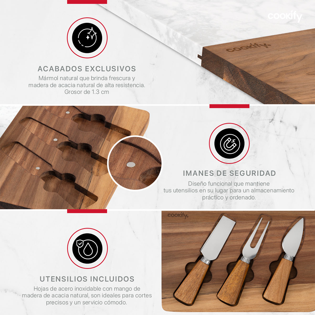 Foto 5 pulgar | Set Tabla de Madera y Mármol Cookify con Cuchiilos para Quesos Carnes Frías, Aperitivos o Panes