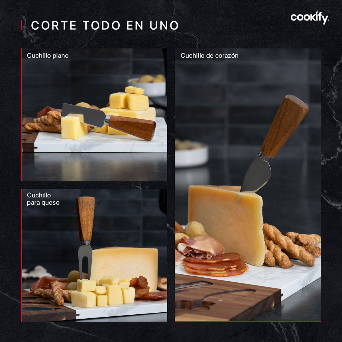 Foto 6 pulgar | Set Tabla de Madera y Mármol Cookify con Cuchiilos para Quesos Carnes Frías, Aperitivos o Panes