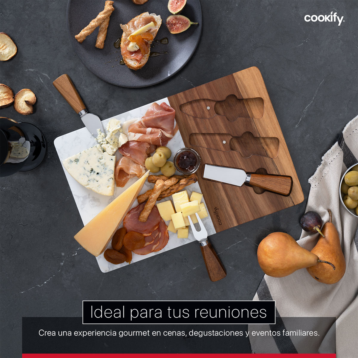 Foto 7 pulgar | Set Tabla de Madera y Mármol Cookify con Cuchiilos para Quesos Carnes Frías, Aperitivos o Panes