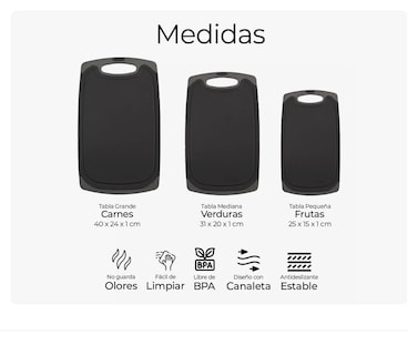 Foto 2 | Tabla De Cocina Para Picar Cortar Alimentos Set 3 Piezas Negro Xtellar