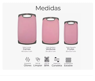 Foto 2 | Tabla De Cocina Para Picar Cortar Alimentos Set 3 Piezas Rosa Xtellar