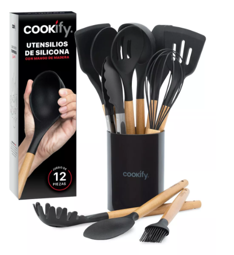 Foto 2 pulgar | Set 12 Utensilios De Cocina Xtellar De Silicona Y Madera Color Negro