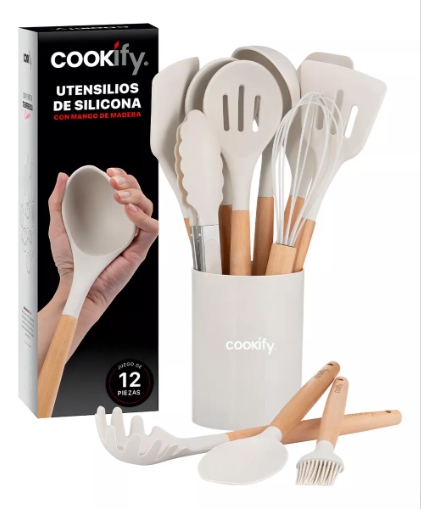 Set 12 Utensilios De Cocina Xtellar De Silicona Y Madera Color Marfil