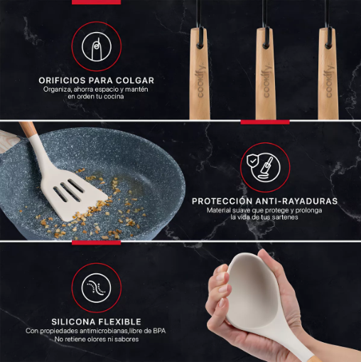 Foto 4 pulgar | Set 12 Utensilios De Cocina Xtellar De Silicona Y Madera Color Marfil