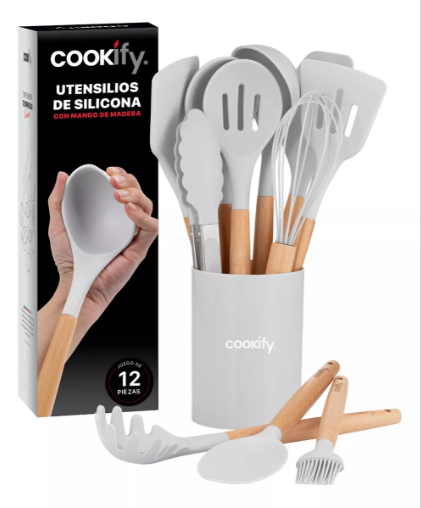 Foto 2 pulgar | Set 12 Utensilios De Cocina Xtellar De Silicona Y Madera Color Gris