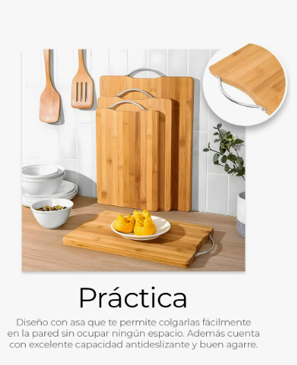 Foto 4 pulgar | Tabla De Cocina Para Picar Cortar Alimentos 3 Piezas Bambu Color Beige Madera