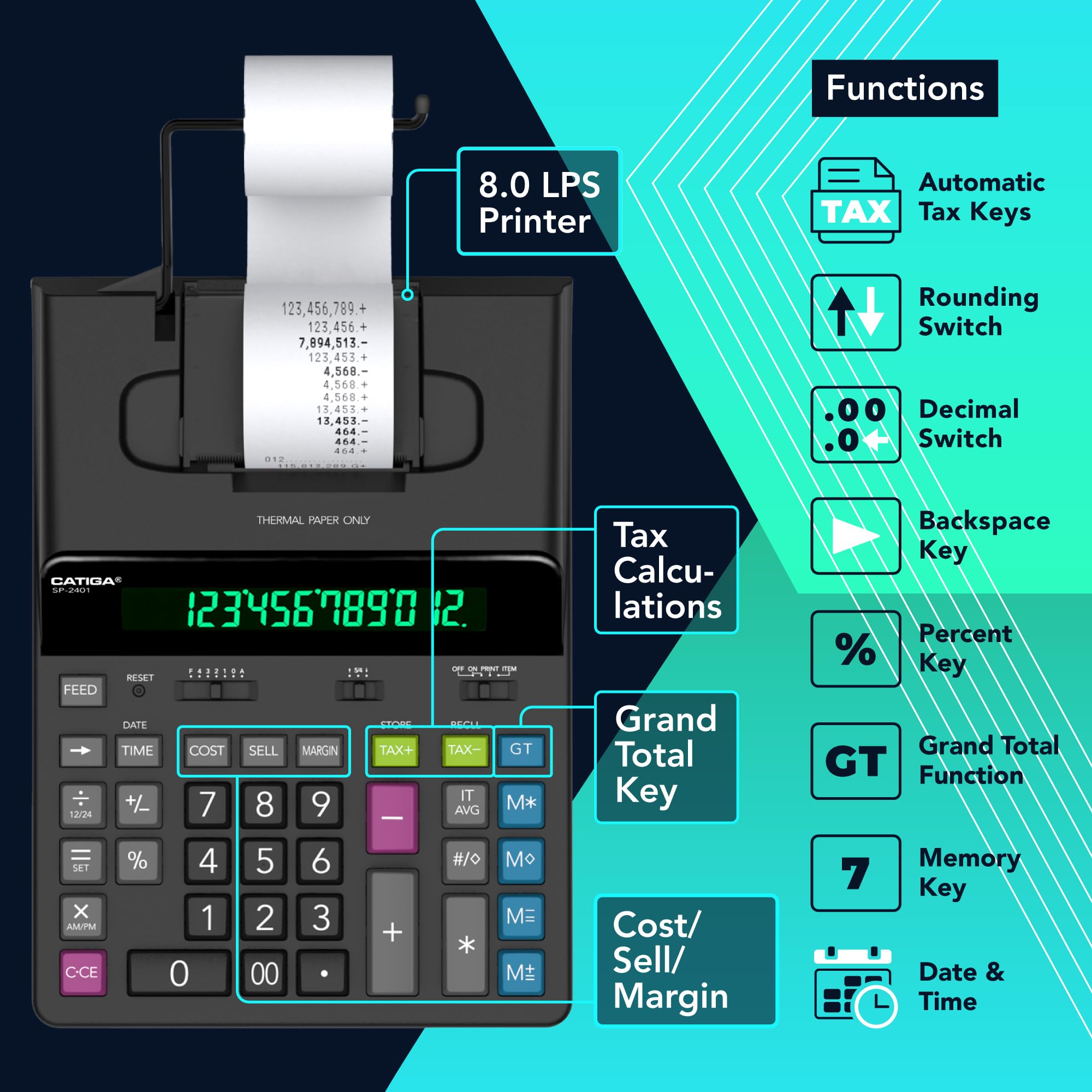 Foto 6 | Calculadora De Impresión Catiga Sp-2401 De 12 Dígitos Sin Tinta - Venta Internacional.