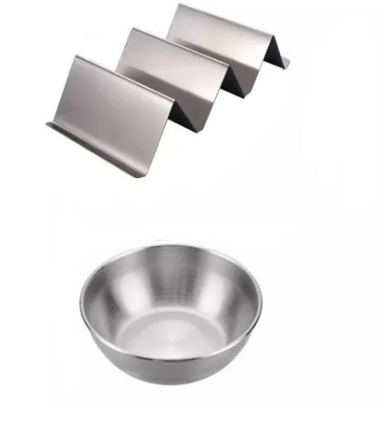 Soporte de Concha Taco Acero Inoxidable + Tazas Salsa 7 Piezas