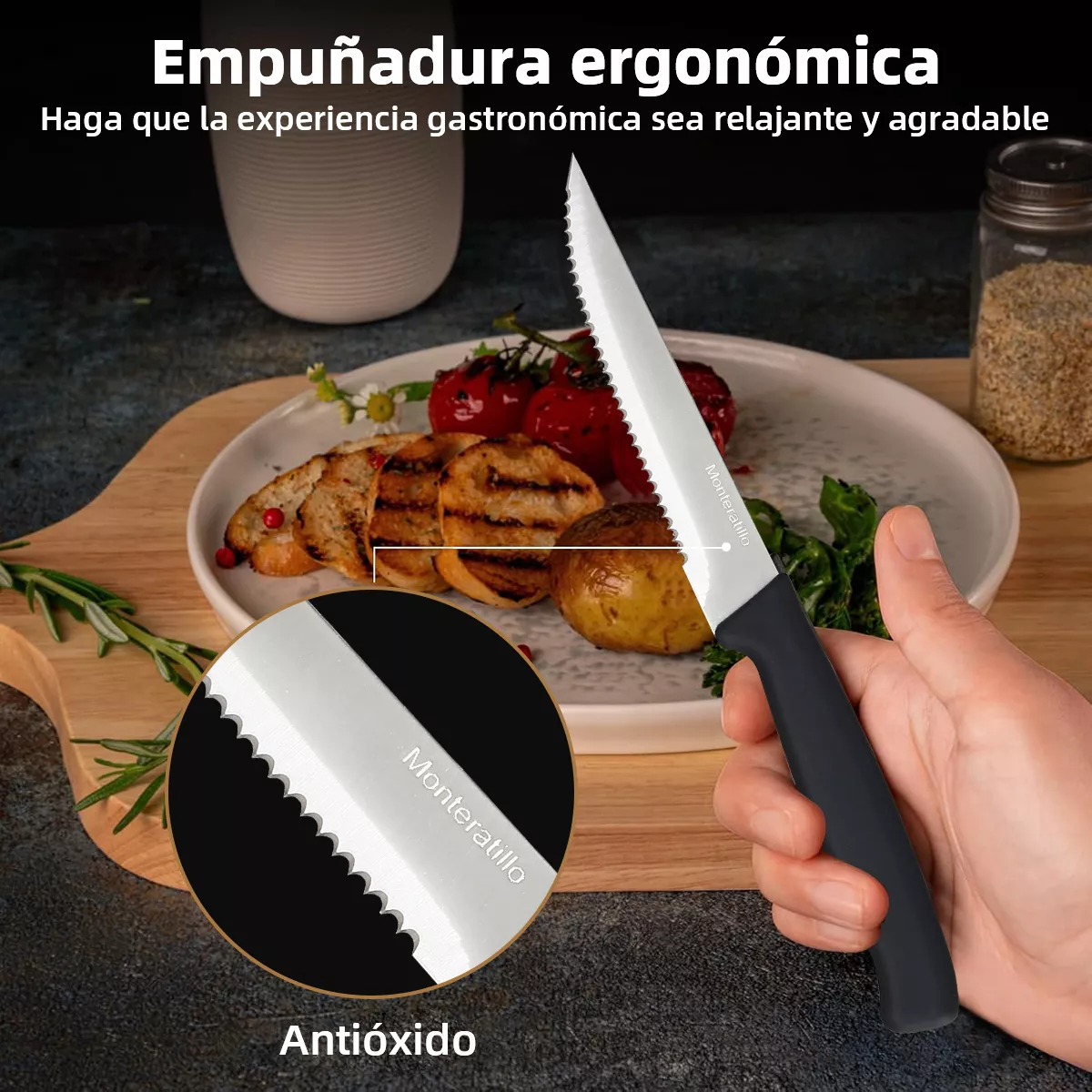 Foto 4 | Monteratillo Set De 6 Cuchillos Dentados Afilados Para Carne Plata Negro
