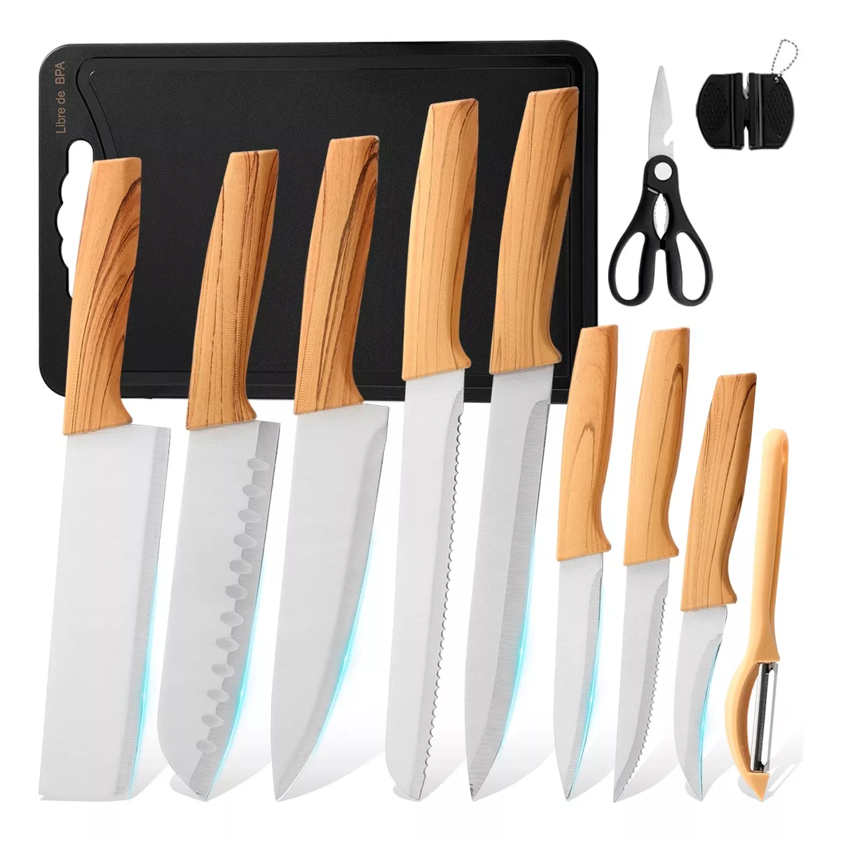 Juego De Cuchillo Cocina Profesionales 12pz Acero Inoxidable Plata Cafe Claro