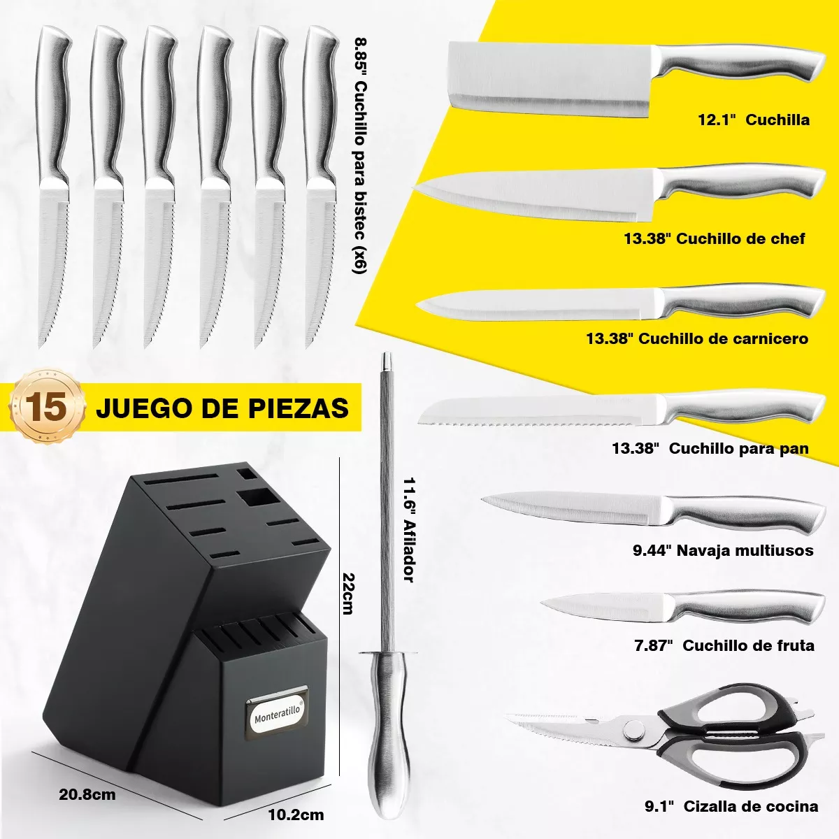 Foto 3 pulgar | Juego De Cuchillos De Cocina De 18 Piezas Con Base De Madera Plata Negro