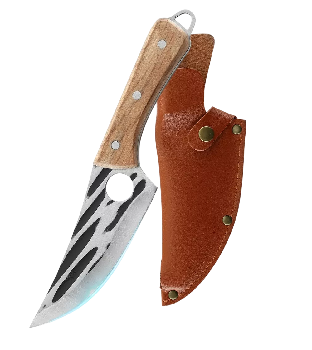 Foto 2 pulgar | Cuchillo Chef De Cocina Forjado A Mano Con Funda De Cuero, Marrón