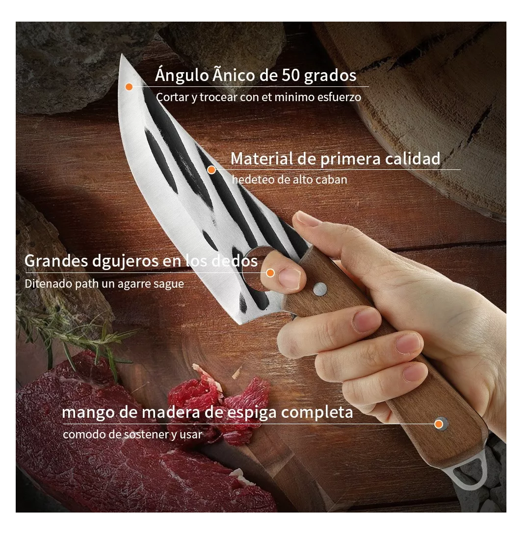 Foto 4 pulgar | Cuchillo Chef De Cocina Forjado A Mano Con Funda De Cuero, Marrón