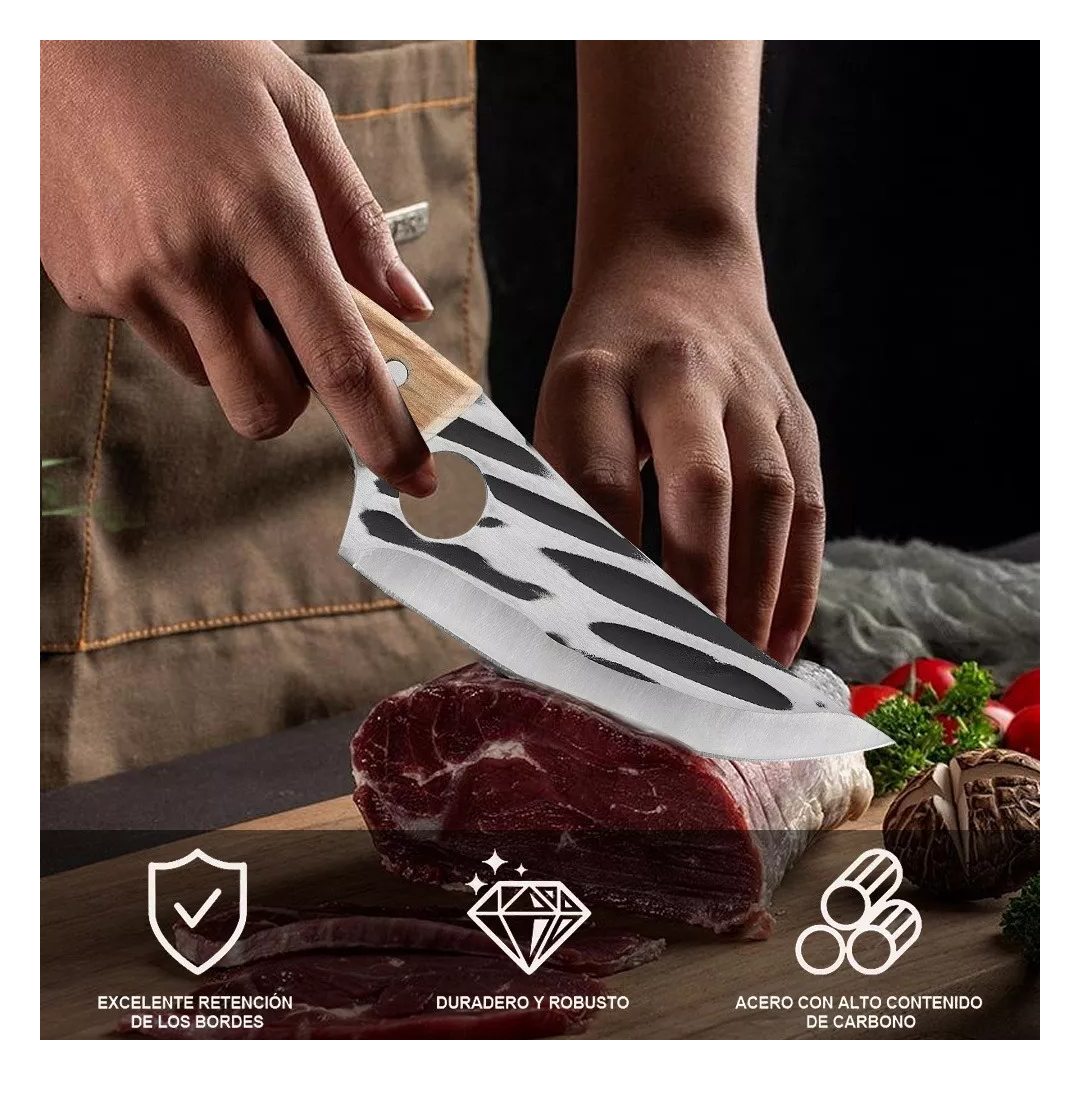 Foto 5 pulgar | Cuchillo Chef De Cocina Forjado A Mano Con Funda De Cuero, Marrón