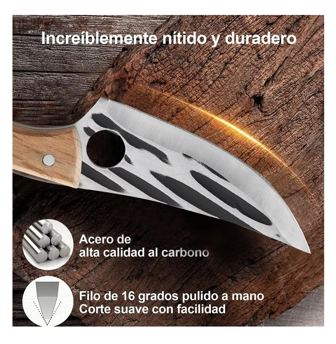 Foto 6 pulgar | Cuchillo Chef De Cocina Forjado A Mano Con Funda De Cuero, Marrón