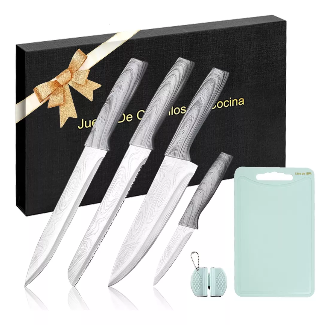 Set De Cuchillos De Cocina Profesional Con Tabla Para Cortar Plateado