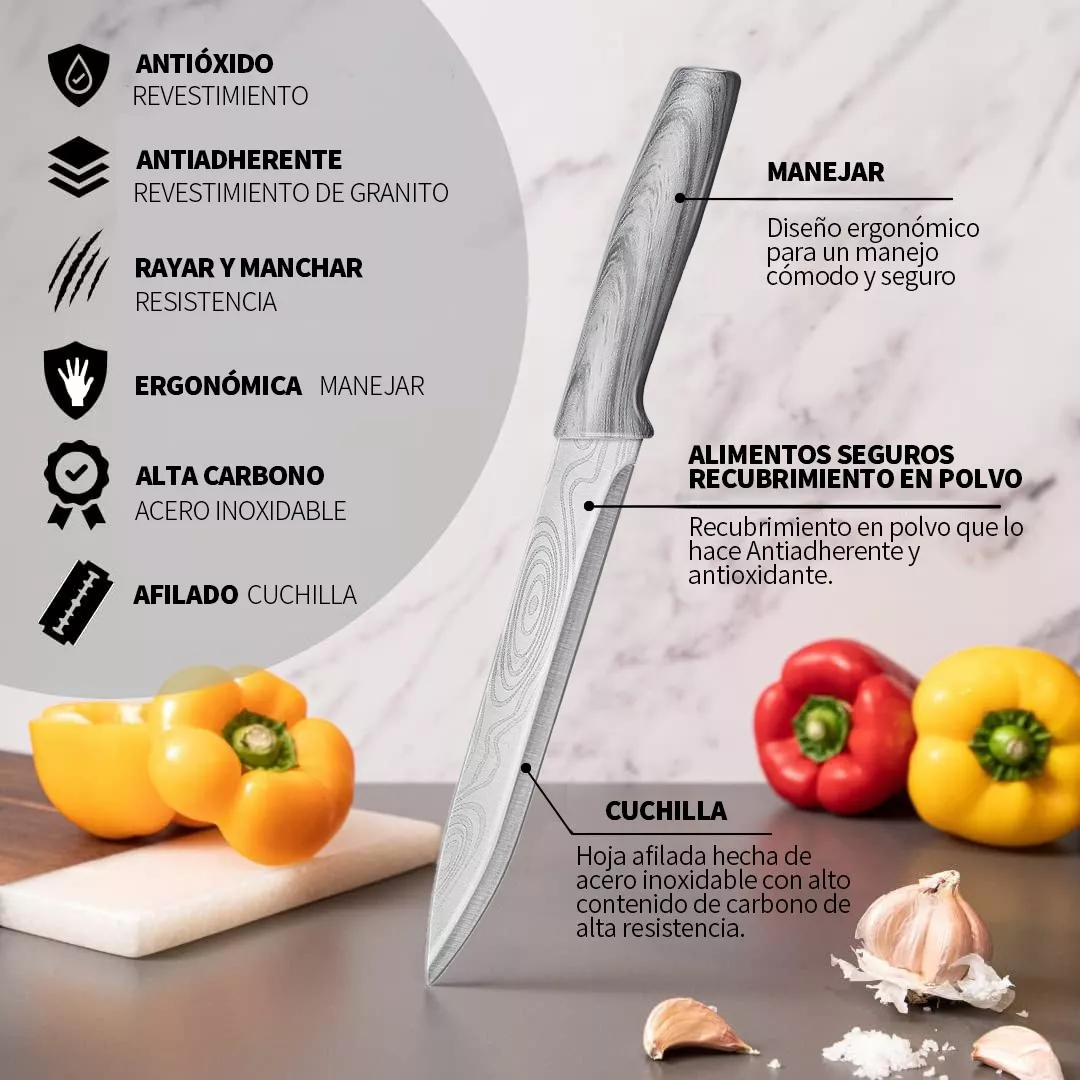 Foto 4 pulgar | Set De Cuchillos De Cocina Profesional Con Tabla Para Cortar Plateado