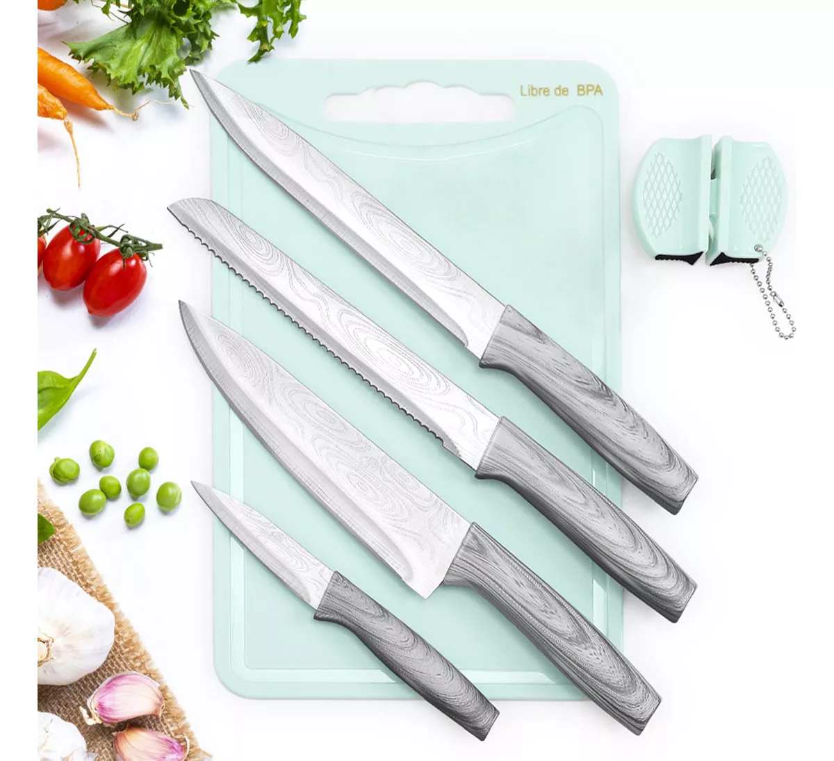 Foto 5 pulgar | Set De Cuchillos De Cocina Profesional Con Tabla Para Cortar Plateado