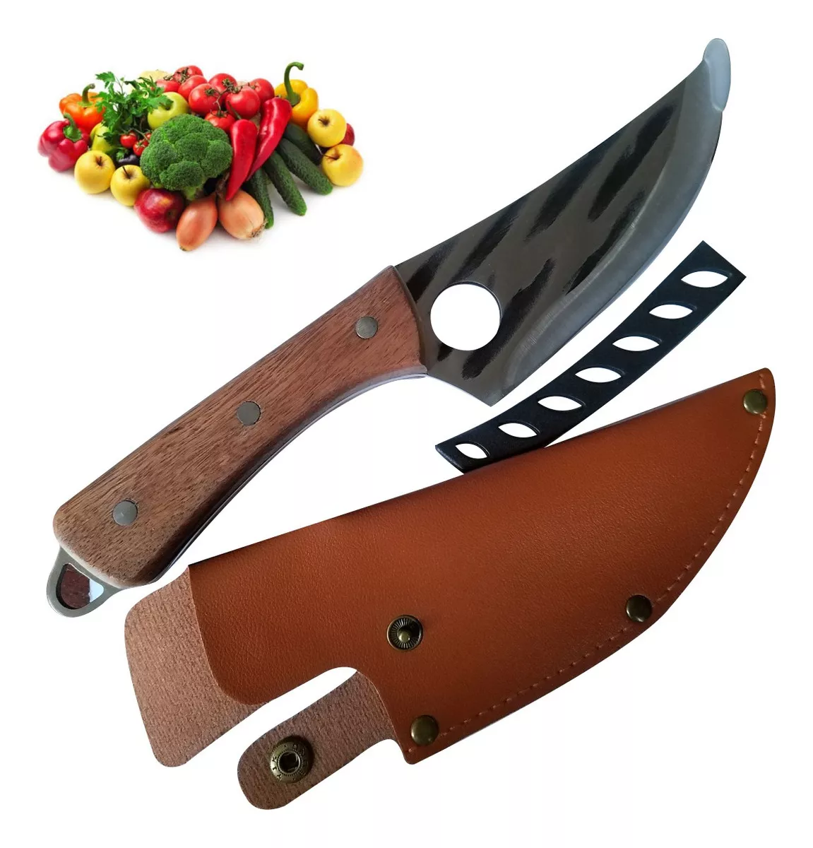 Foto 5 pulgar | Cuchillo Chef De Cocina Forjado A Mano Con Funda De Cuero Marrón  Claro