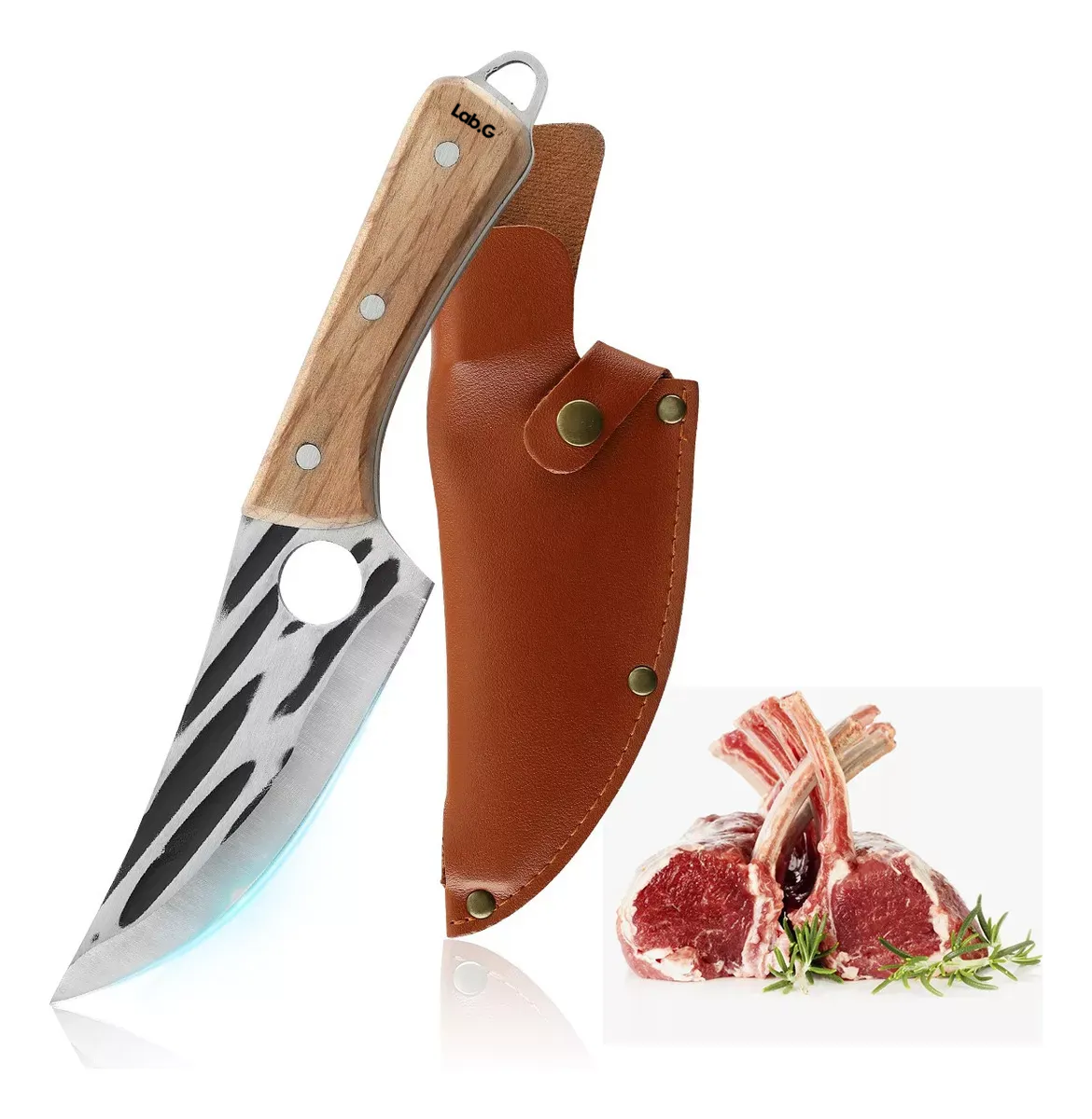 Foto 3 pulgar | Cuchillo Chef De Cocina Forjado A Mano Con Funda De Cuero Marrón Claro
