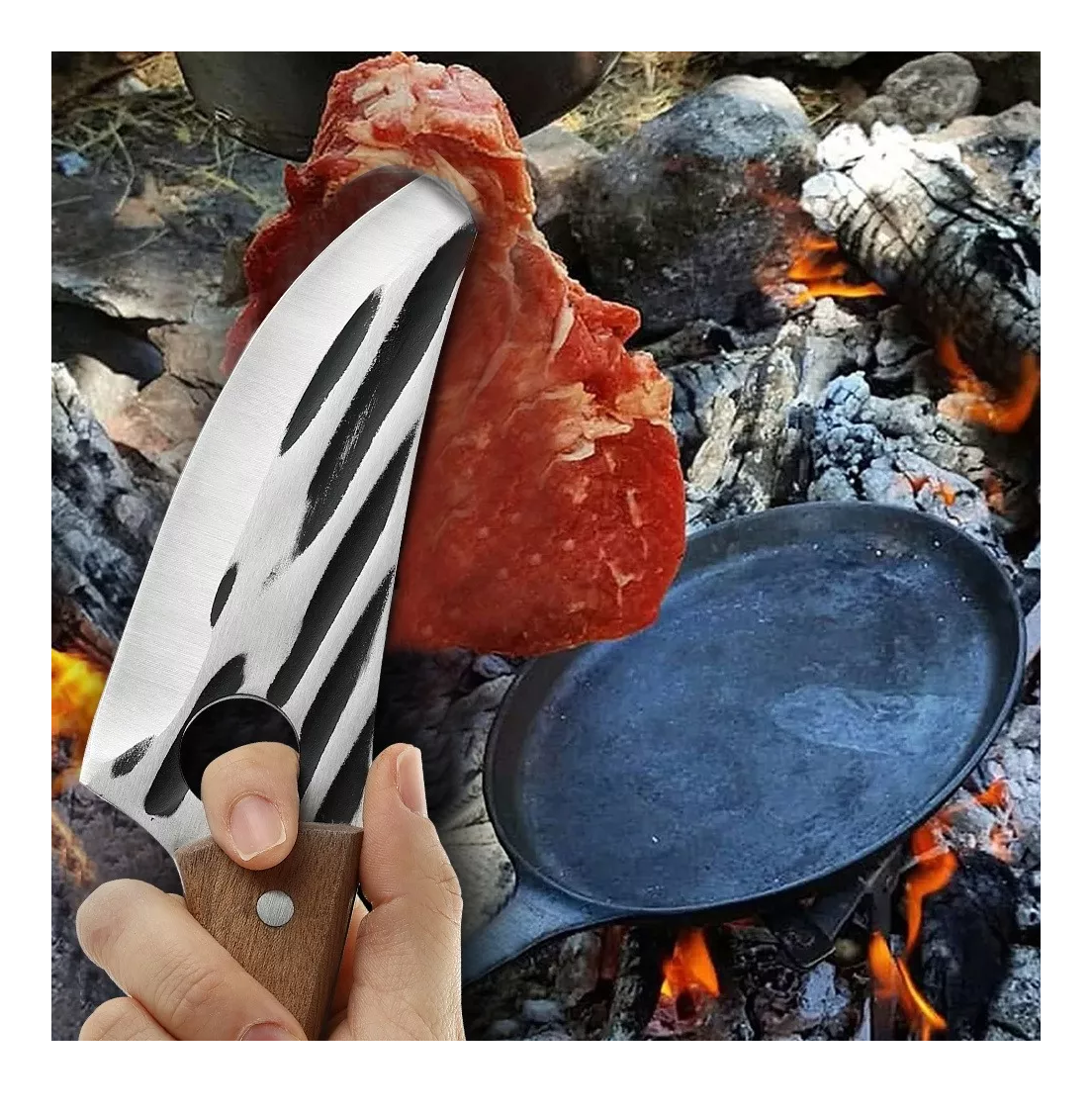 Foto 4 pulgar | Cuchillo Chef De Cocina Forjado A Mano Con Funda De Cuero Marrón Claro