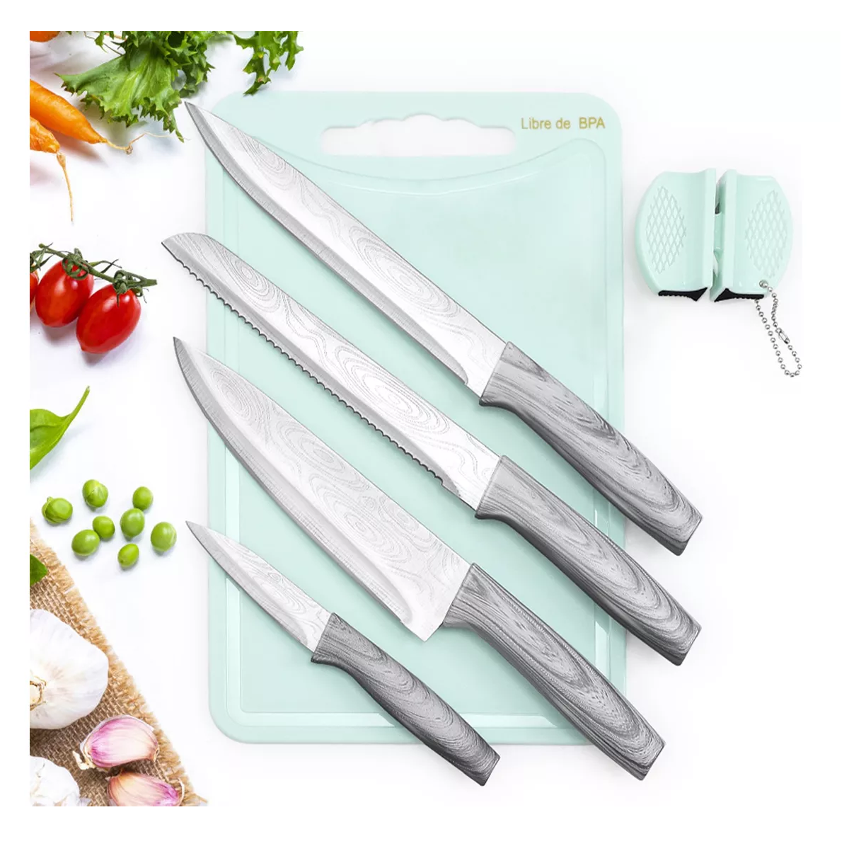 Foto 5 pulgar | Set De Cuchillos De Cocina Profesional Con Tabla Para Cortar Plateado