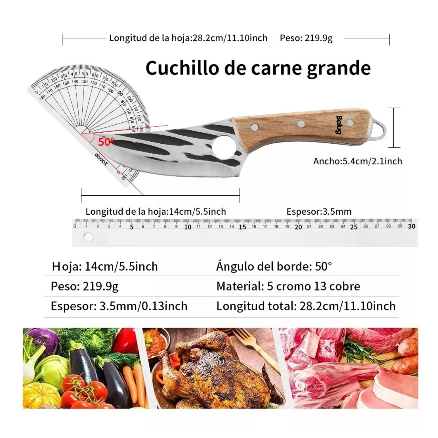 Foto 3 pulgar | Cuchillo Chef De Cocina Forjado A Mano Con Funda De Cuero, Belug Marrón