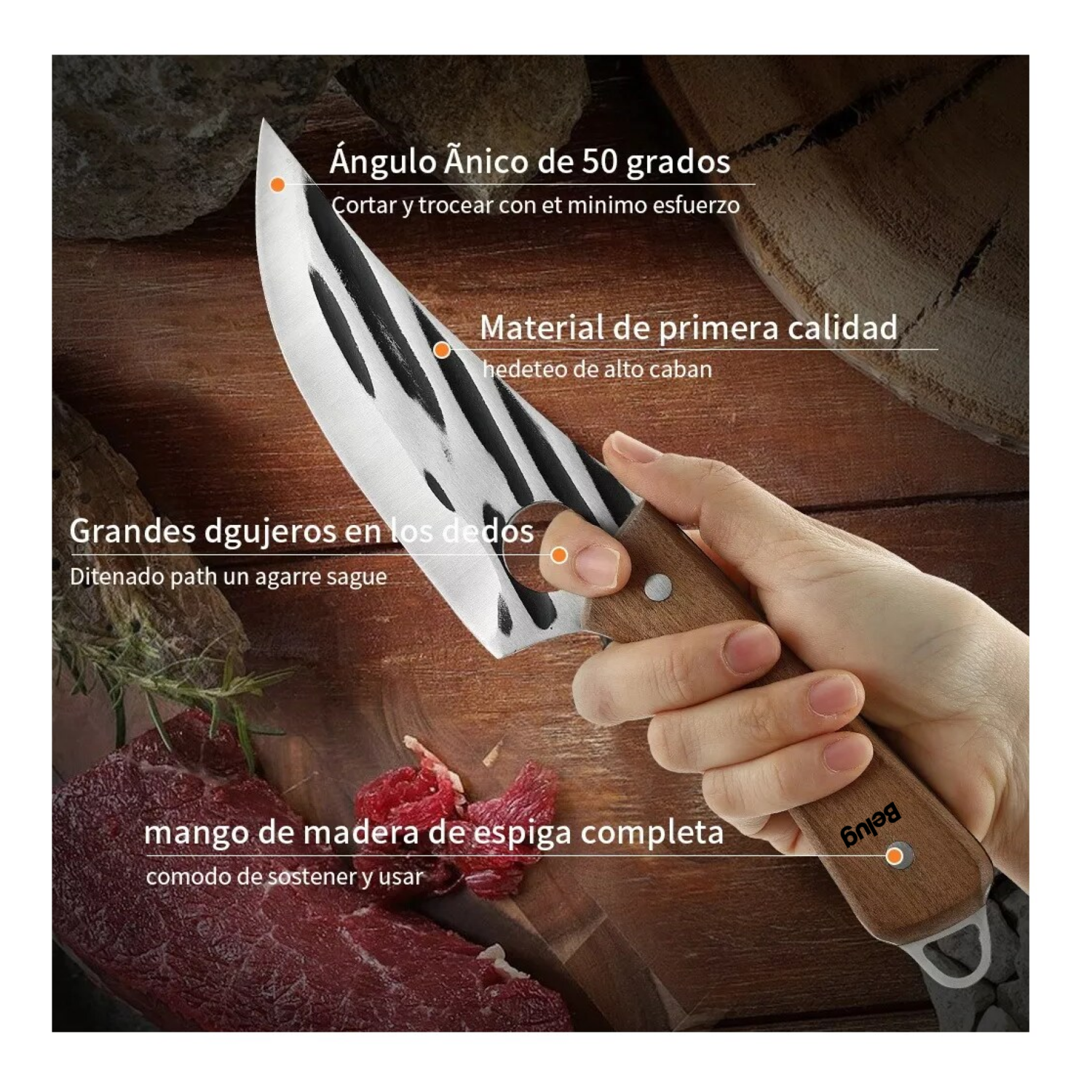 Foto 4 pulgar | Cuchillo Chef De Cocina Forjado A Mano Con Funda De Cuero, Belug Marrón