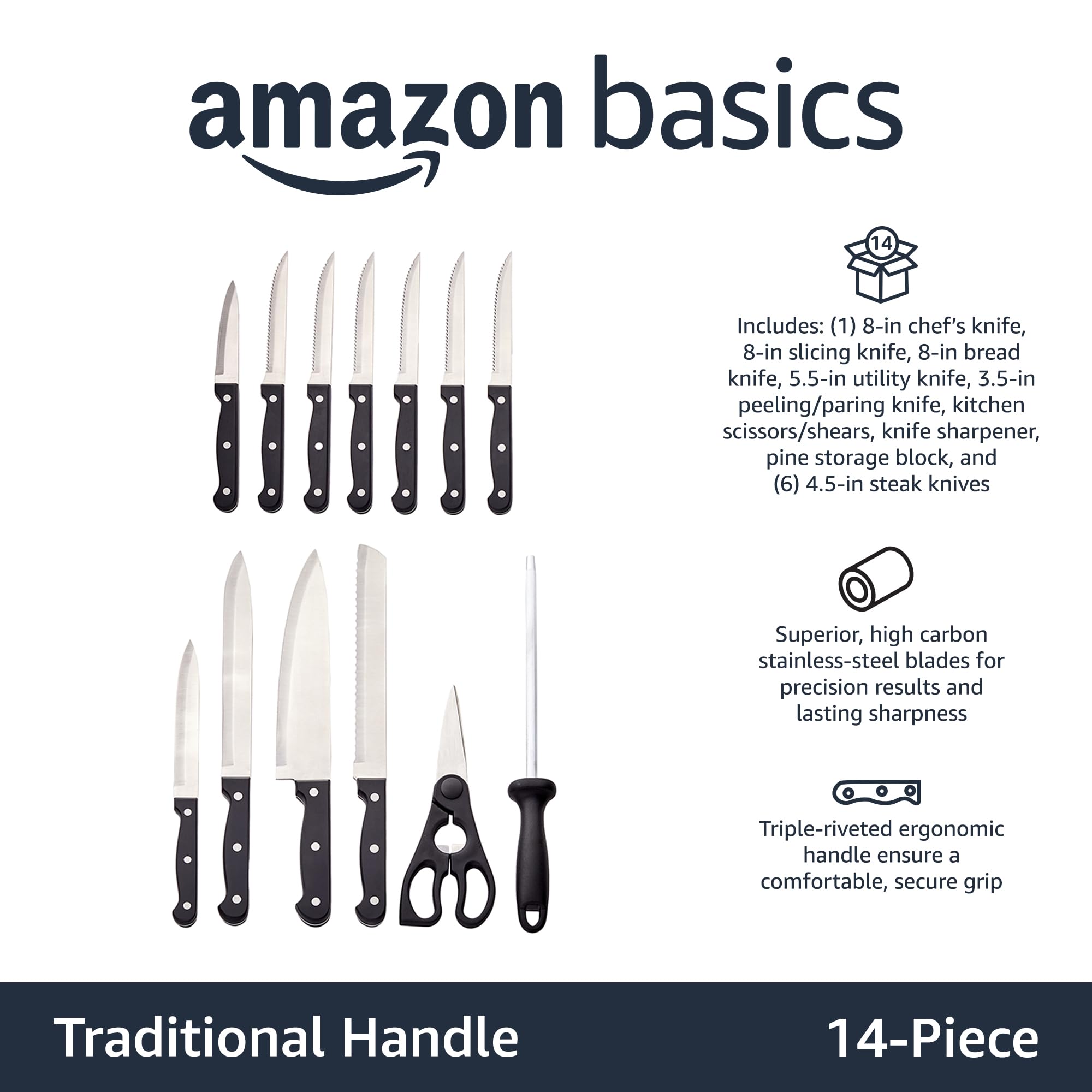 Foto 3 pulgar | Juego De Cuchillos Amazon Basics De Acero Inoxidable Con Alto Contenido De Carbono, 14 Piezas - Venta Internacional.